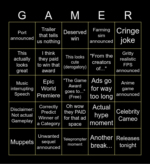 Game Awards 2025 Bingo Card
