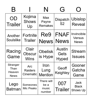 2025 Game Awards Bingo Card