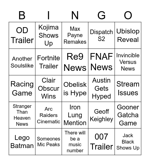 2025 Game Awards Bingo Card