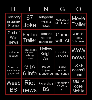 Game Awards 2025 Bingo Card