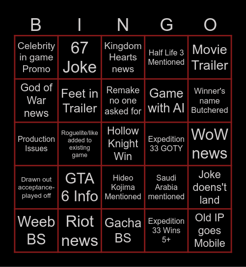 Game Awards 2025 Bingo Card
