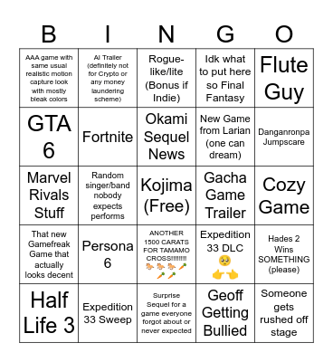 Game Awards Bingo Card