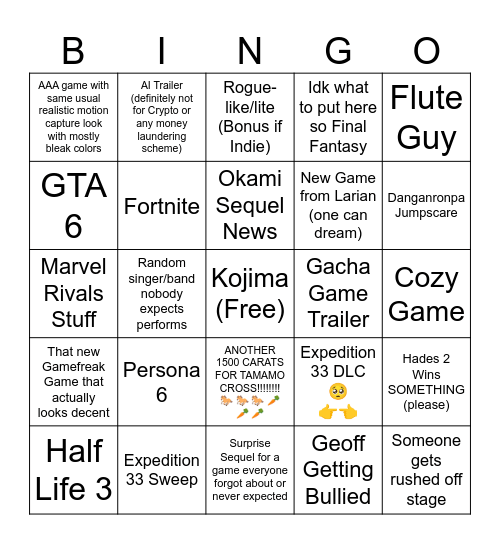 Game Awards Bingo Card