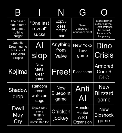 The Game Awards 2025 Bingo Card