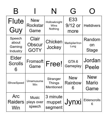 Game Awards 2025 Bingo Card