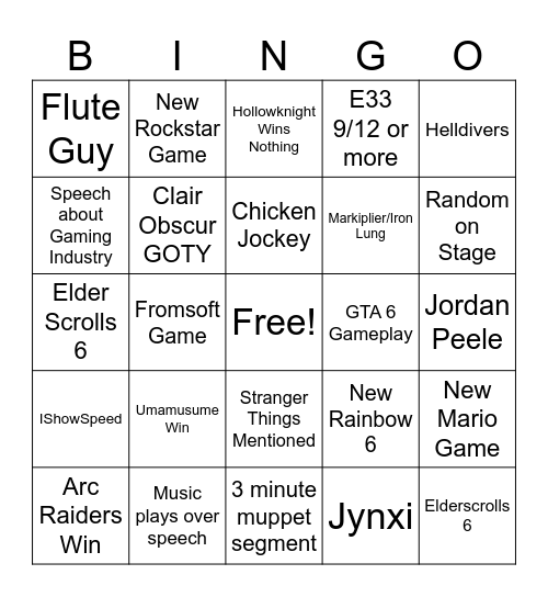 Game Awards 2025 Bingo Card