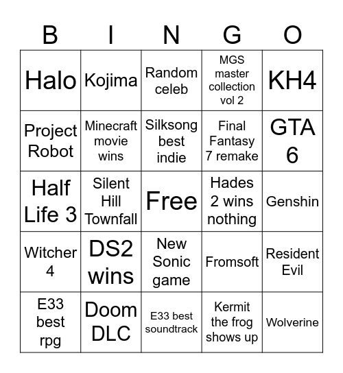 Game Awards 2025 Bingo Card