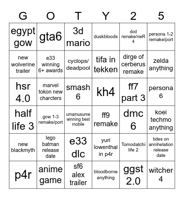 GAME AWARDS Bingo Card