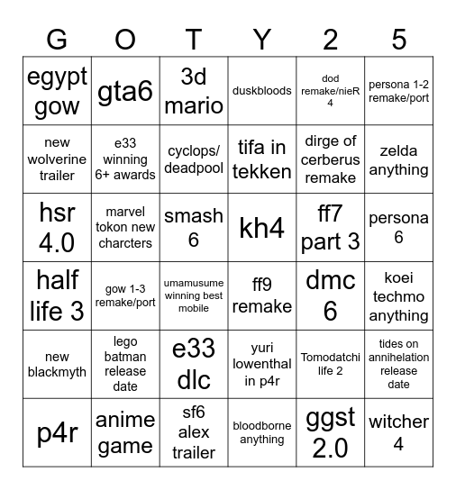 GAME AWARDS Bingo Card