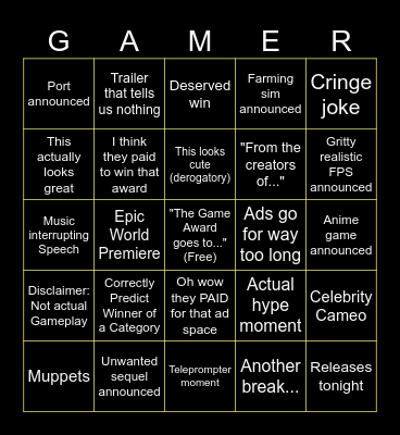 Game Awards 2025 Bingo Card