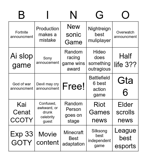 Game Awards Bingo Card