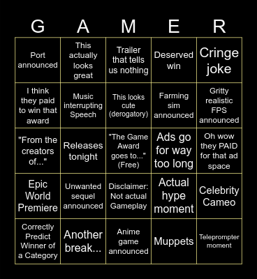 Game Awards 2025 Bingo Card