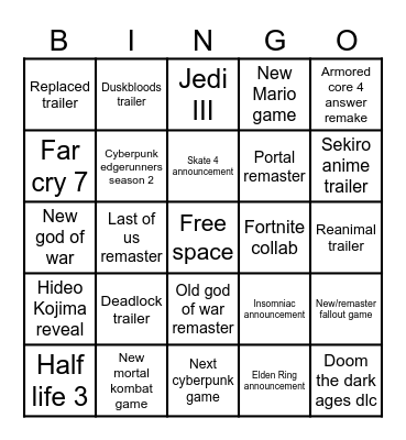 Game awards announcement Bingo board Bingo Card