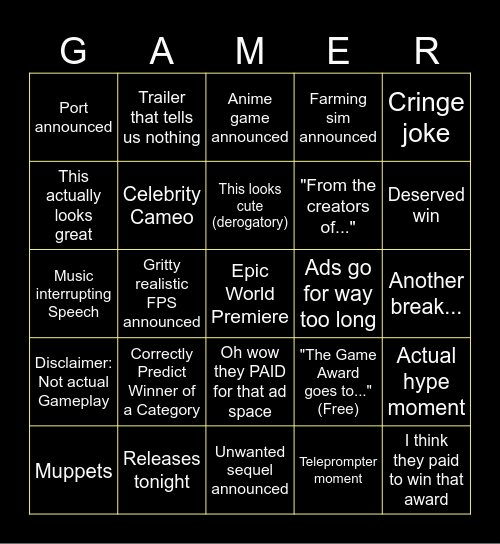 Game Awards 2025 Bingo Card