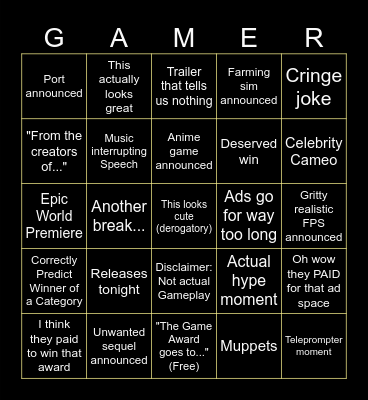 Game Awards 2025 Bingo Card