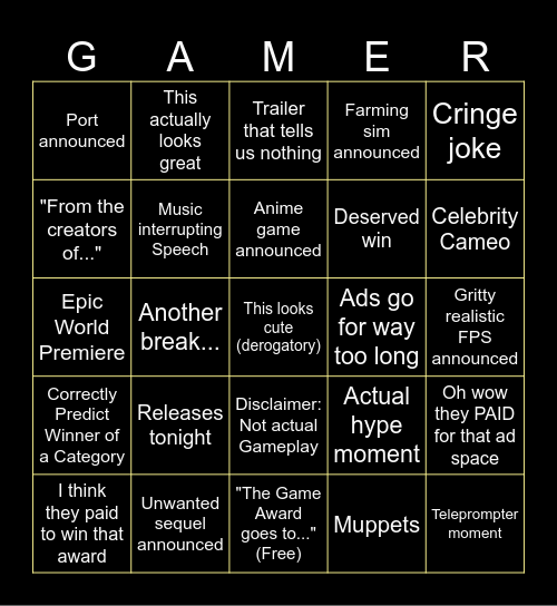 Game Awards 2025 Bingo Card
