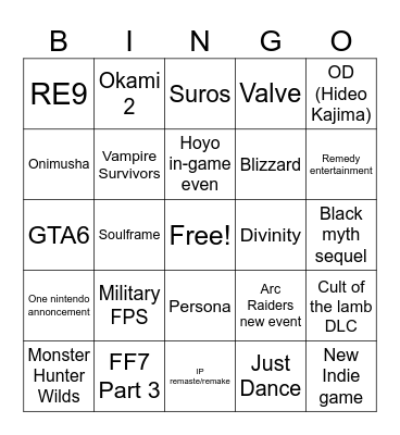 Game Awards 2025 Bingo Card