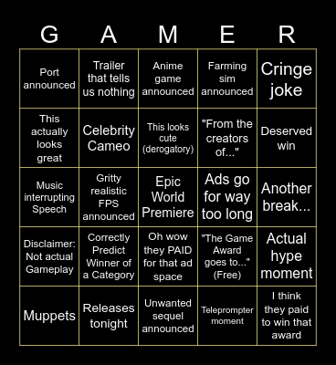 Game Awards 2025 Bingo Card