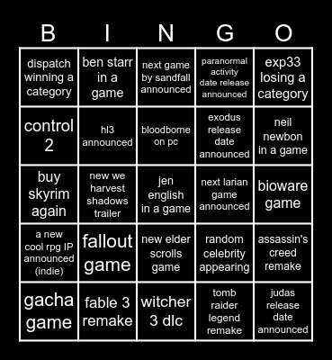 game awards 2025 Bingo Card