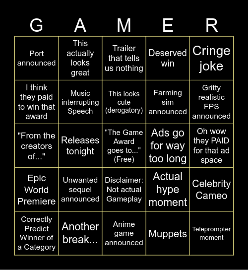 Game Awards 2025 Bingo Card