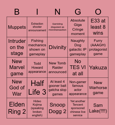 TGA Predictions Bingo Card
