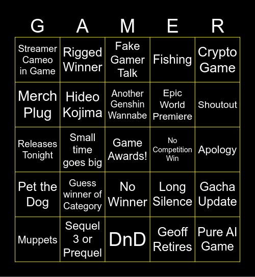Game Awards Bingo Card