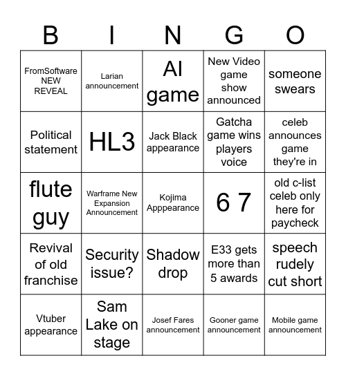 The Game Awards 2025 Bingo Card