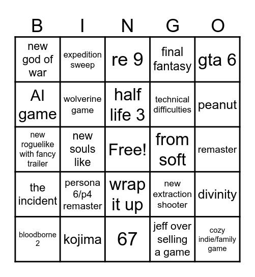 game awards bingo Card