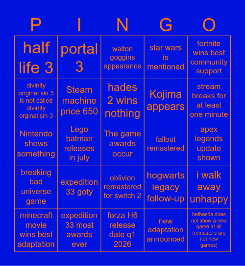 tga awards Bingo Card