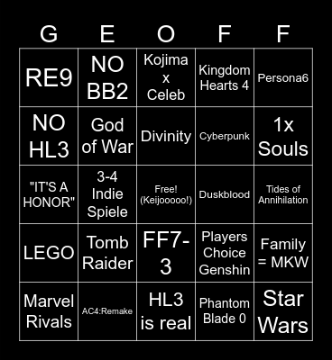 GAME AWARDS Bingo Card