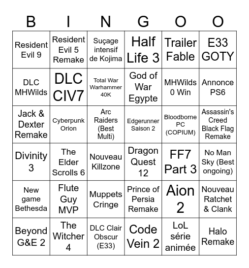 The Game Awards 2025 Bingo Card