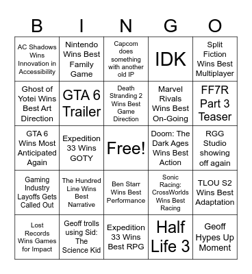 The Game Awards 2025 Bingo Card