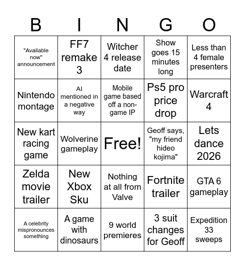 Geoff Show Bingo Card