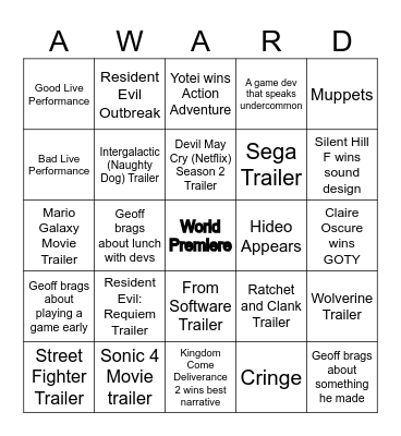 Game Awards 2025 Bingo Card