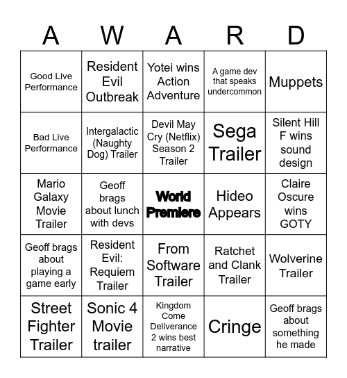 Game Awards 2025 Bingo Card