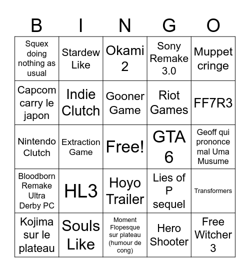 Game Award Bingo Card