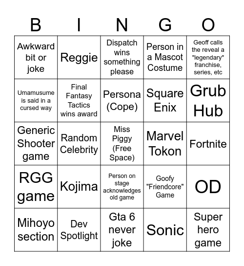 TGA Bingo Card