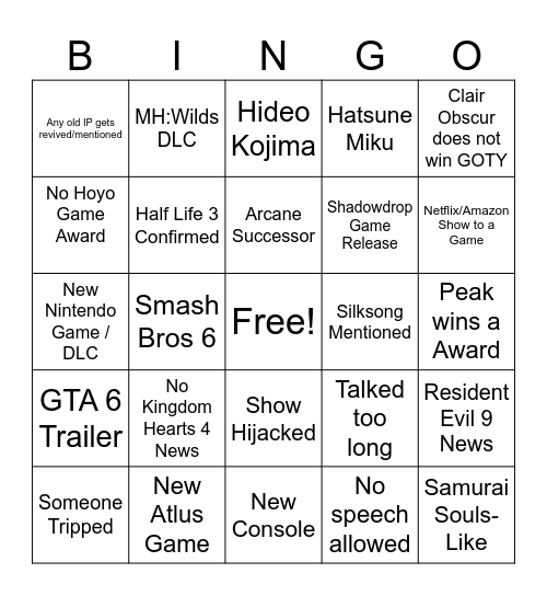 Game Awards 2025 Bingo Card