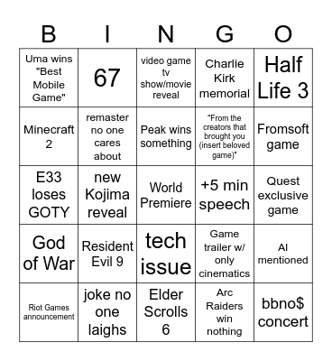 GAME AWARDS Bingo Card