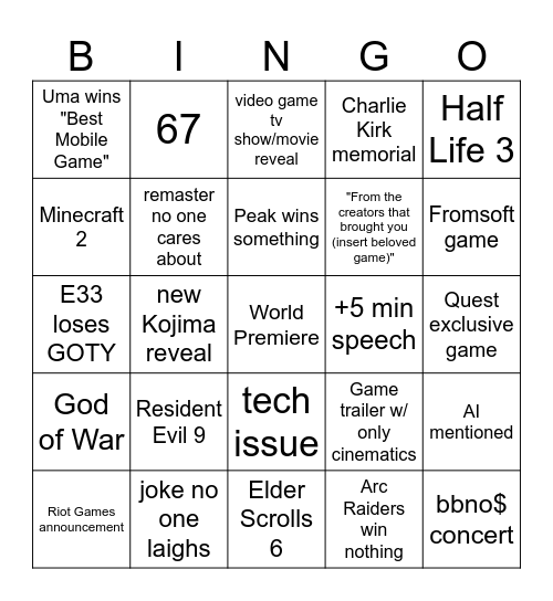 GAME AWARDS Bingo Card