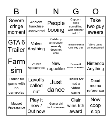 The Game Awards 2025 Bingo Card