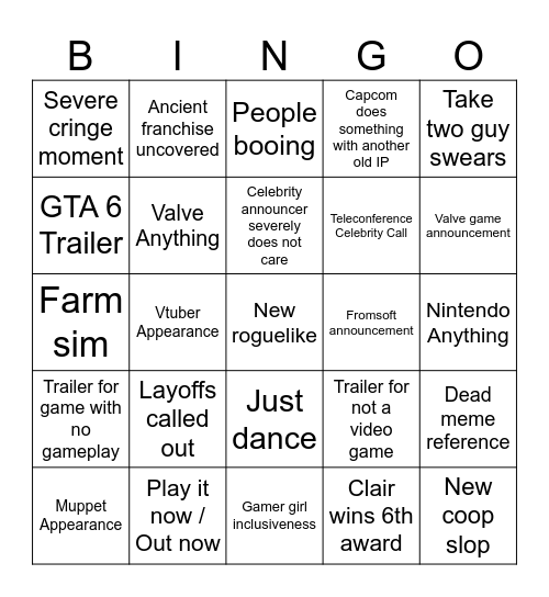 The Game Awards 2025 Bingo Card