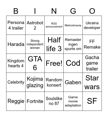 TGA Bingo Card