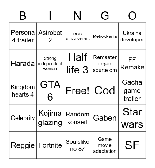 TGA Bingo Card
