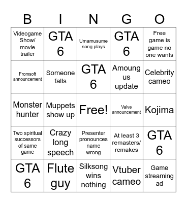 Game awards 2025 Bingo Card