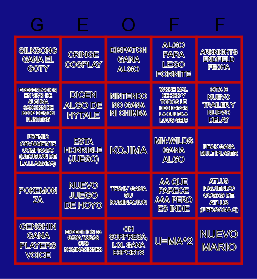 The Game Awards 2025 BINGO Card
