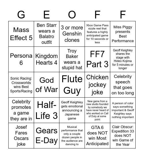 TGA '25 Bingo Card