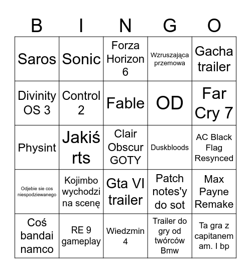 The Game Awards BINGO Card