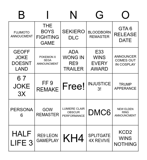GAME AWARDS 2025 Bingo Card