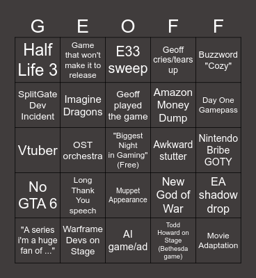 Game Awards 2025 Bingo Card